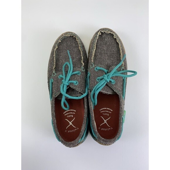 Twisted X Eco Boat Shoe Driving Mocs Brown Canvas Teal Lace Up Comfort Womens 6 - Picture 6 of 11